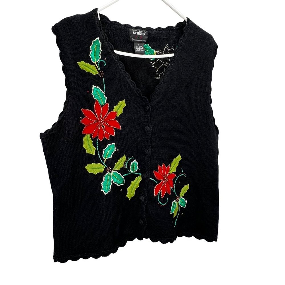 Designers Originals Studio Joy Christmas Sweater Vest L Cardigan Black Holly - Picture 2 of 6